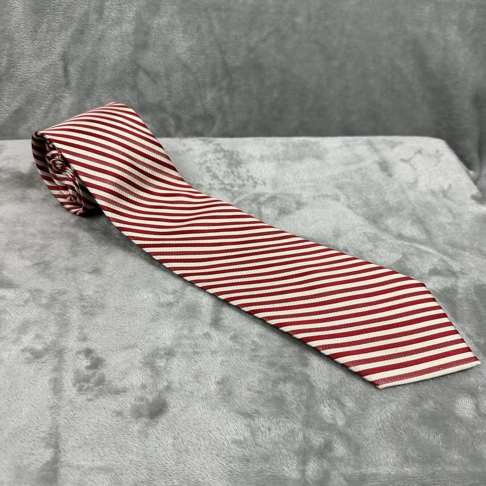 IZOD 100% Silk Neck Tie 3.75" x 59" Red Off White Horizontal Stripe